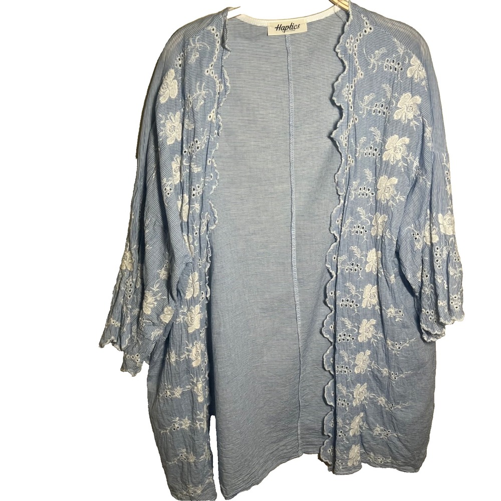 HAPTICS BY HOLLY HARPER Blue White Striped Embroidered Cardigan Robe Coverup 1X